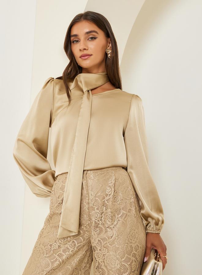 Styli Beige Tie-Neck Satin Blouse - Image 1