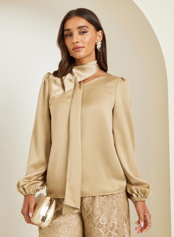 Styli Beige Tie-Neck Satin Blouse - Image 3