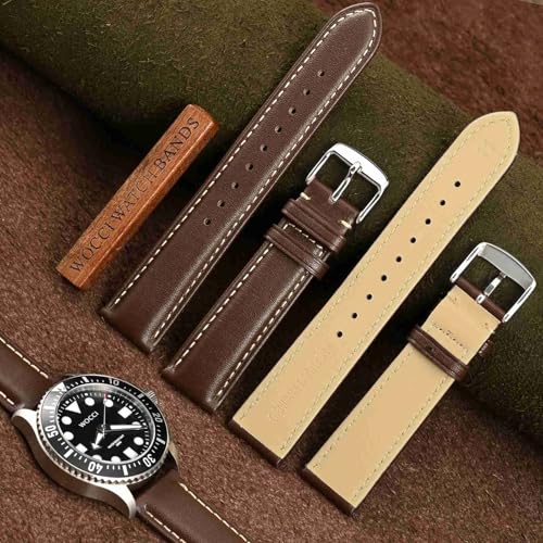 WOCCI 18mm Vintage Leather Watch Band for Men and Women, Silver Buckle (Dark Brown/Contrasting Stitch) - Image 2