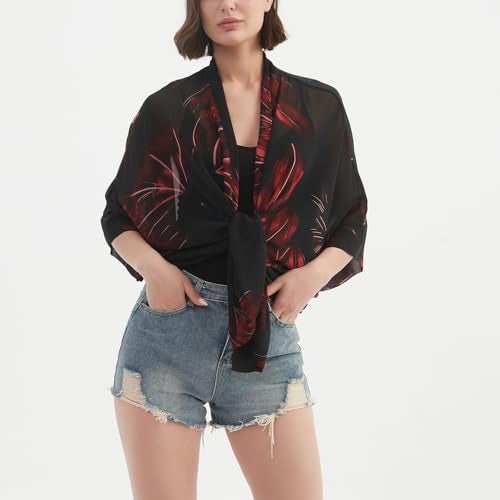 Max Hsuan Women's Loose Print Sheer Chiffon Kimono Beach Swim Cover up Cardigan Capes Blouse Tops - Image 4