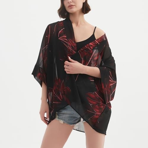 Max Hsuan Women's Loose Print Sheer Chiffon Kimono Beach Swim Cover up Cardigan Capes Blouse Tops - Image 3