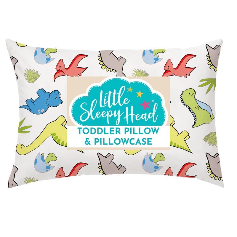 Little Sleepy Head Toddler Pillow with Pillowcase 13x18 - Kids Pillow for Sleeping - Better Neck Support Ergonomic Pillow and Toddler Pillowcase - Best Pillows for Kids (Dinosaurs White) - Image 1
