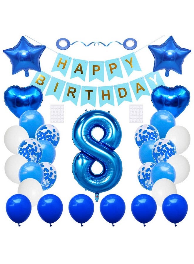 Huture 8 Birthday Party Supplies Blue Number 8 Foil Balloon Happy Birthday Banner Kit 8th Birthday Decoration White Blue Latex Confetti Balloon Foil Star Balloon Great Gift for Girls Boys Birthday - Image 1