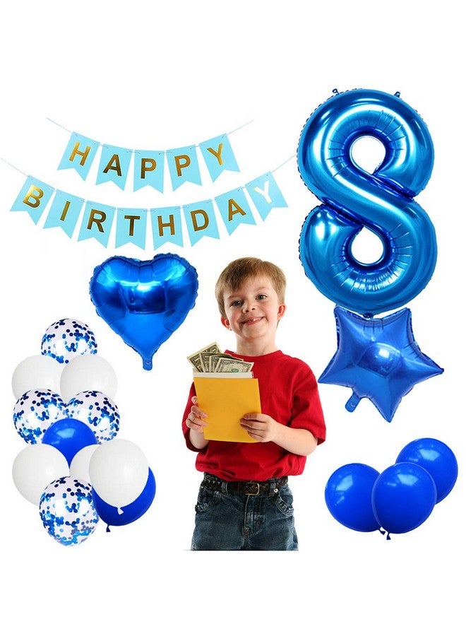 Huture 8 Birthday Party Supplies Blue Number 8 Foil Balloon Happy Birthday Banner Kit 8th Birthday Decoration White Blue Latex Confetti Balloon Foil Star Balloon Great Gift for Girls Boys Birthday - Image 3