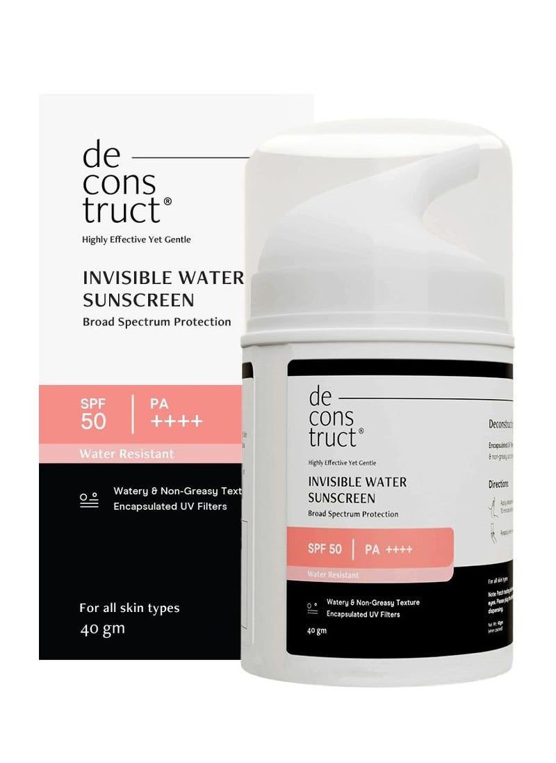 Deconstruct Deconstruct Invisible Water Sunscreen SPF 50 PA+++ | Instant Cooling & Freshness | 8-Hour Water-Resistant | Broad Spectrum UVA & UVB Protection | No White Cast | For All Skin Types | 40g  - Image 1