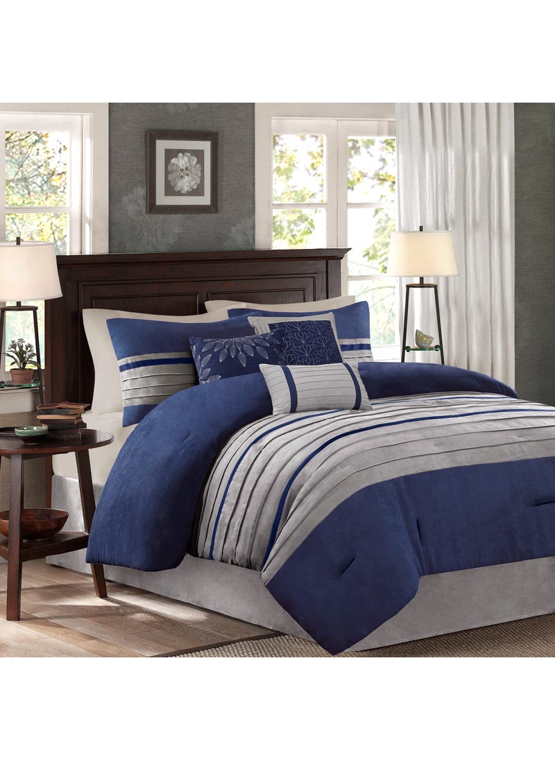 madison park Madison Park Palmer Comforter SetLuxury Faux Suede Design Striped Accent All Season Down Alternative Bedding Matching Shams Decorative Pillow Bed Skirt Queen 90 in x 90 in Blue 7 Piece 