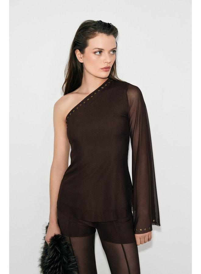 GRIMELANGE SUENO Women's Asymmetric Collar Tulle One-Shoulder Brown Blouse with Open Sleeve Edge and Star Stone Details. - Image 3