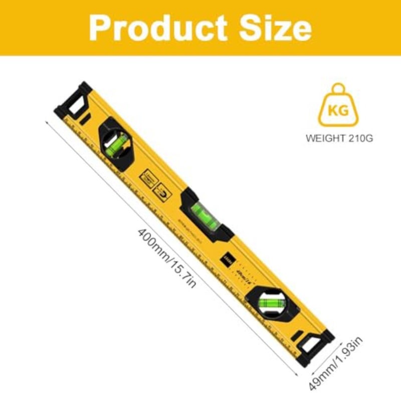 Spirit Level, Aluminium Alloy 400mm/16 Inch Shock Proof Torpedo Level Tool, with Magnetic Base and 3 Bubble Vials, Durable and Accurate Leveling for Construction and DIY Projects, Yellow - Image 2