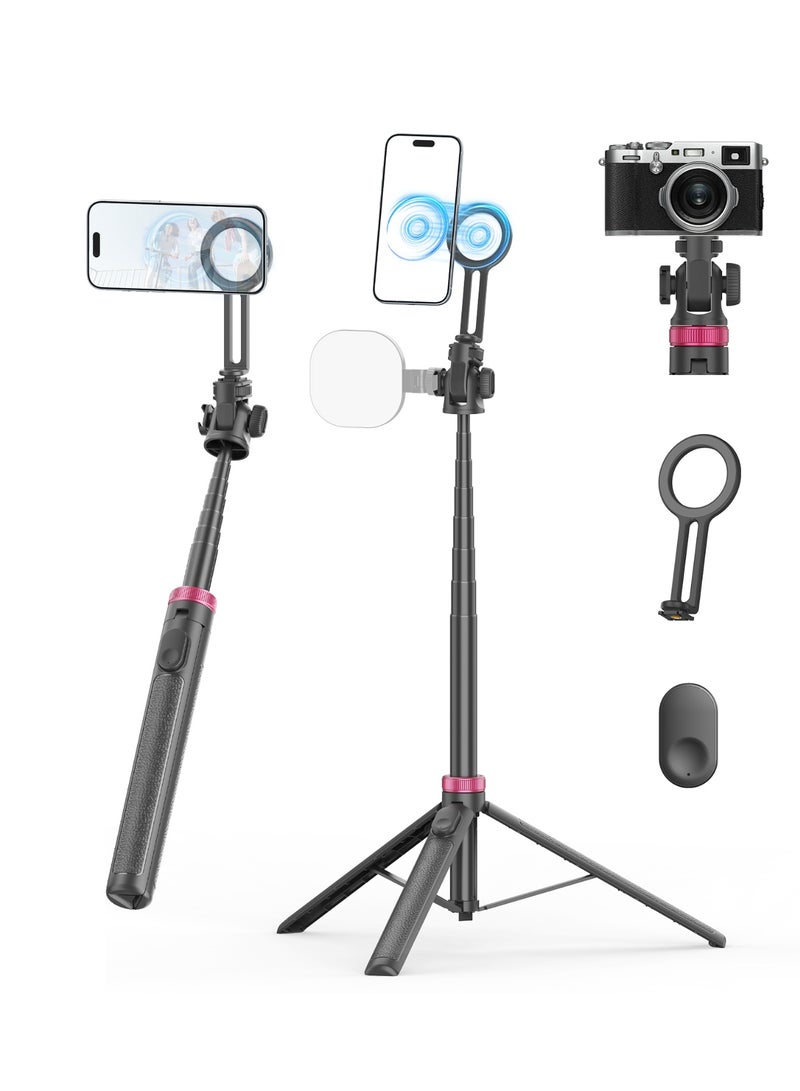 TONEOF Magnetic Phone Tripod Stand 175cm for iPhone Android with 360° Rotation Side Cold Shoe Slot 1/4 Thread Rechargeable Remote Control Multifunctional for Smartphone Camera Microphone Fill Light Outdoor Use - Image 1
