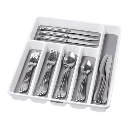 madesmart Premium Silverware Tray 6 Compartment Flatware Organizer for Forks Knives SpoonsNon Slip Soft Grip Lining Durable Drawer Organizer White - Image 1