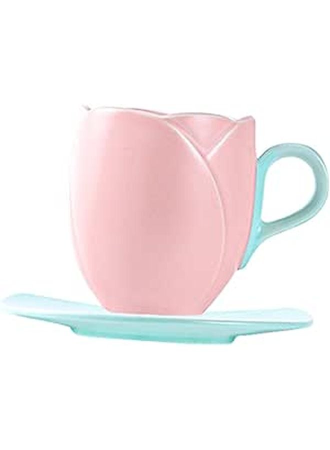 Pink Tulip Shape Ceramic Coffee Mug With Saucer 300Ml Large Capacity Tea Cup Set - Image 1