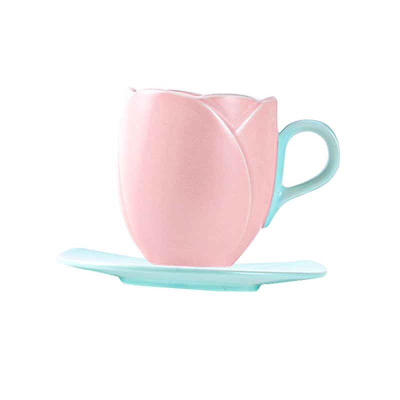 Pink Tulip Shape Ceramic Coffee Mug With Saucer 300Ml Large Capacity Tea Cup Set - Image 2