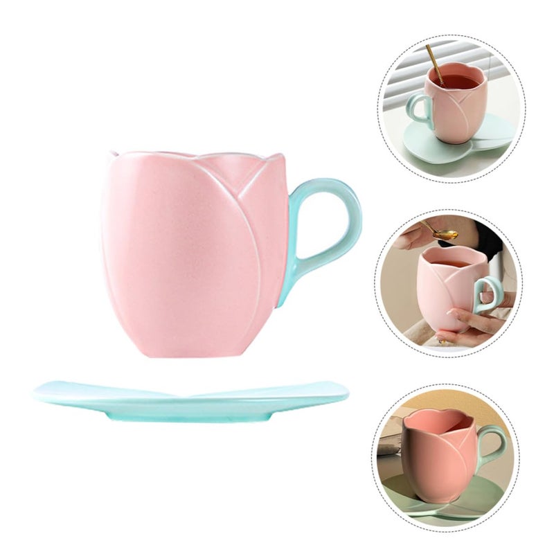 Pink Tulip Shape Ceramic Coffee Mug With Saucer 300Ml Large Capacity Tea Cup Set - Image 5