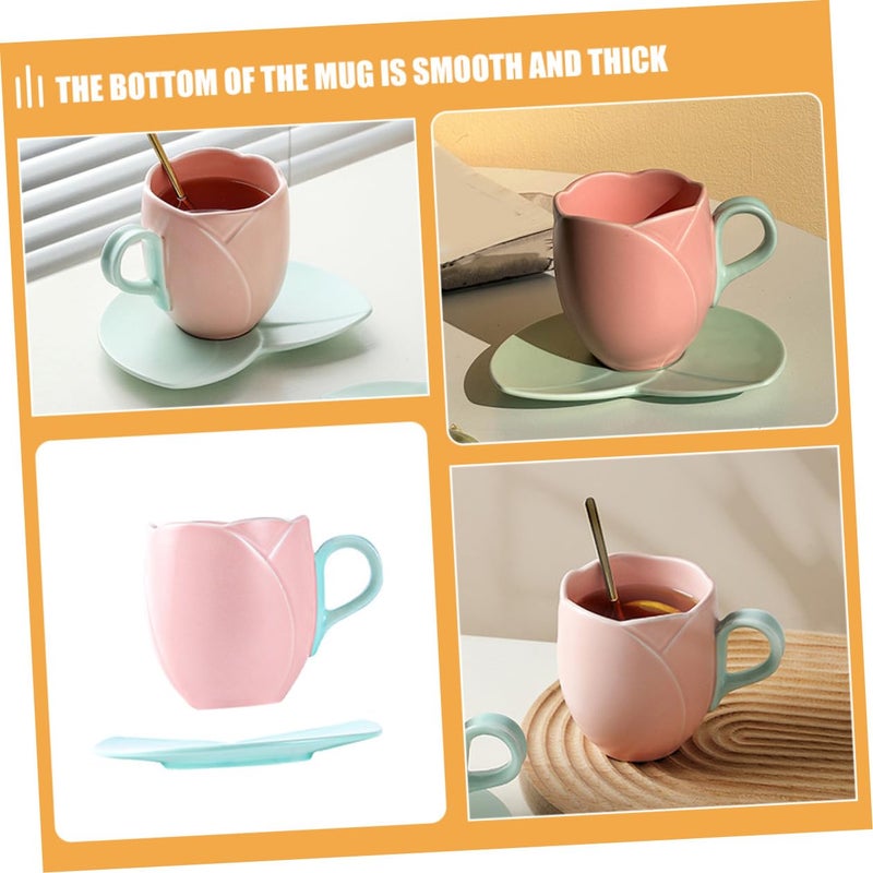 Pink Tulip Shape Ceramic Coffee Mug With Saucer 300Ml Large Capacity Tea Cup Set - Image 4