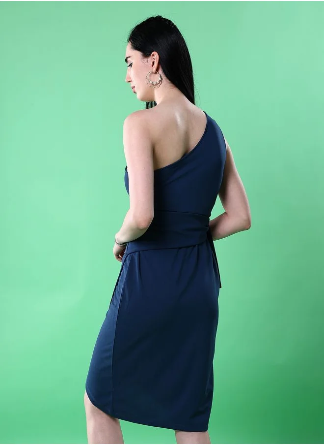 Freehand Women Fitted Party Wear Solid One Shoulder Wrap Dress