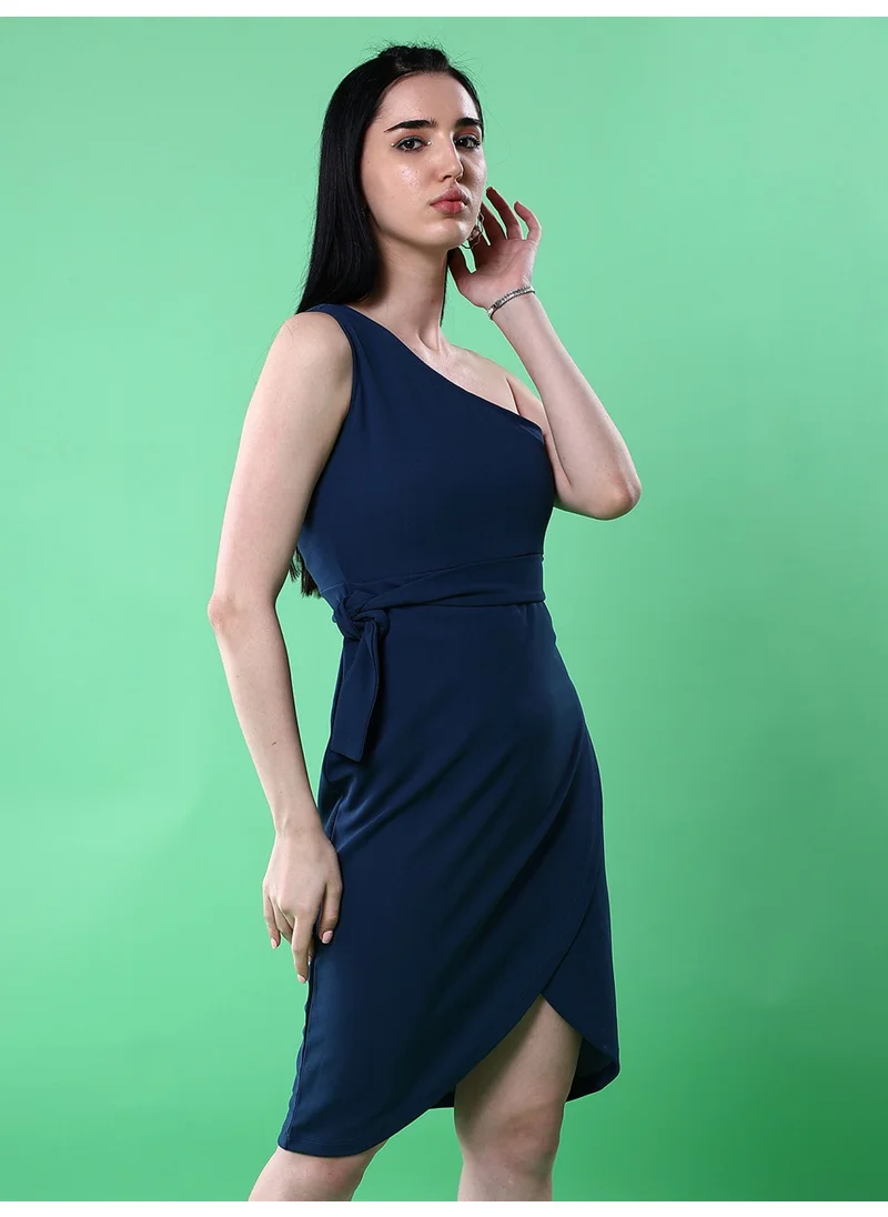 مرفوعة Women Party Fitted Solid Wrapped Asymmetric Neck Calf Length One Shoulder Wrap Dress