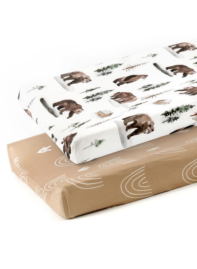 GRSSDER مجموعة أغطية وسادة تغيير جيرسي ناعمة للغاية من GRSSDER - 2 قطعة، تناسب أغطية وسادة تغيير 32"/34" × 16" آمنة ومريحة، دب الغابة/قوس قزح للرضع - Image 1