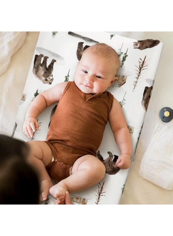 GRSSDER مجموعة أغطية وسادة تغيير جيرسي ناعمة للغاية من GRSSDER - 2 قطعة، تناسب أغطية وسادة تغيير 32"/34" × 16" آمنة ومريحة، دب الغابة/قوس قزح للرضع - Image 3