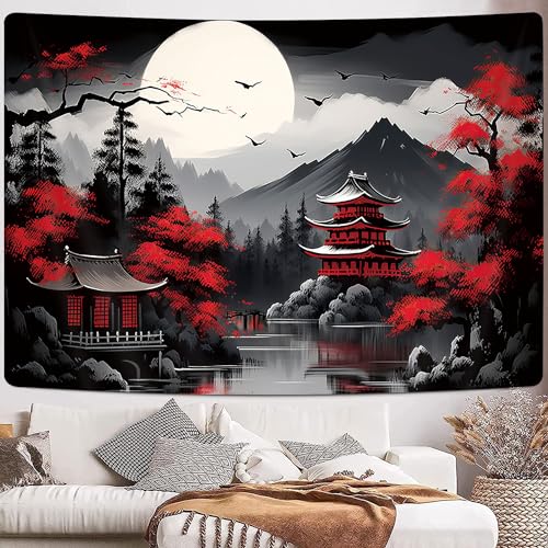 GOAOK Japanese Anime Tapestry, Cool Japan Cherry Blossom Floral Mountain Sun Asian Oriental Abstract Art Tapestry Wall Hanging for Men, Red and Black Large Tapestries Aesthetic for Living Room, 80x60 - Image 3