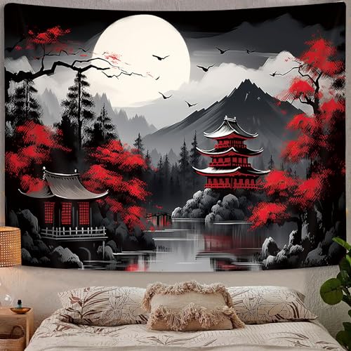 GOAOK Japanese Anime Tapestry, Cool Japan Cherry Blossom Floral Mountain Sun Asian Oriental Abstract Art Tapestry Wall Hanging for Men, Red and Black Large Tapestries Aesthetic for Living Room, 80x60 - Image 5