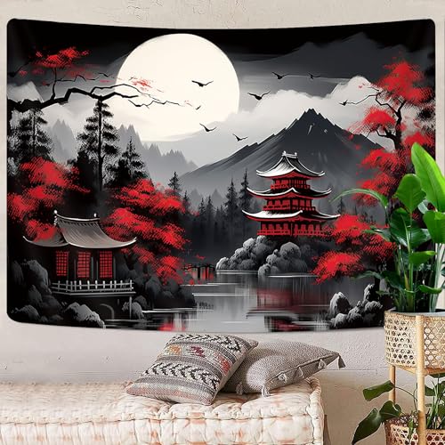 GOAOK Japanese Anime Tapestry, Cool Japan Cherry Blossom Floral Mountain Sun Asian Oriental Abstract Art Tapestry Wall Hanging for Men, Red and Black Large Tapestries Aesthetic for Living Room, 80x60 - Image 4