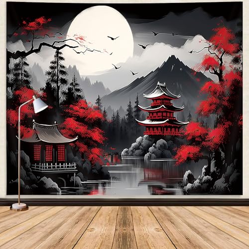 GOAOK Japanese Anime Tapestry, Cool Japan Cherry Blossom Floral Mountain Sun Asian Oriental Abstract Art Tapestry Wall Hanging for Men, Red and Black Large Tapestries Aesthetic for Living Room, 80x60 - Image 2