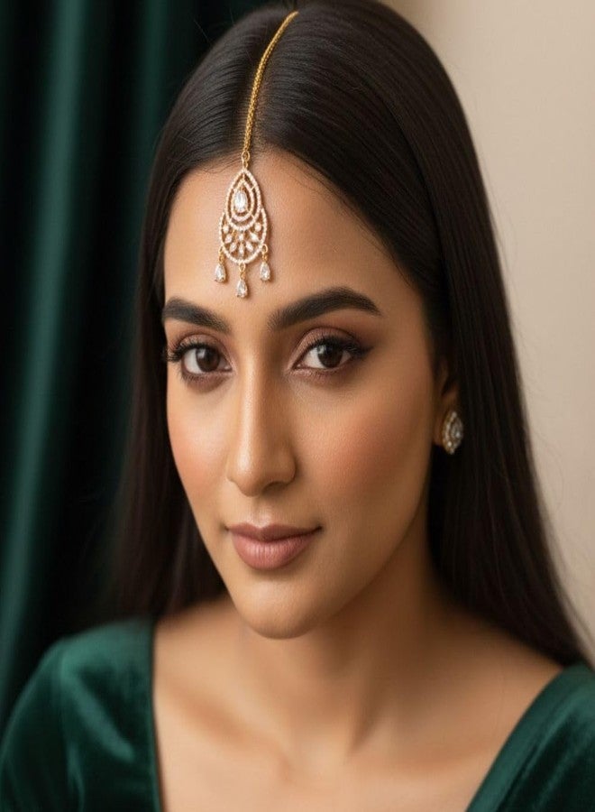 ZEELLO Gold Maang Tikka with Cz Stones, Teardrop Design, Bridal Jewelry, Chain with Lobster Clasp - Image 3