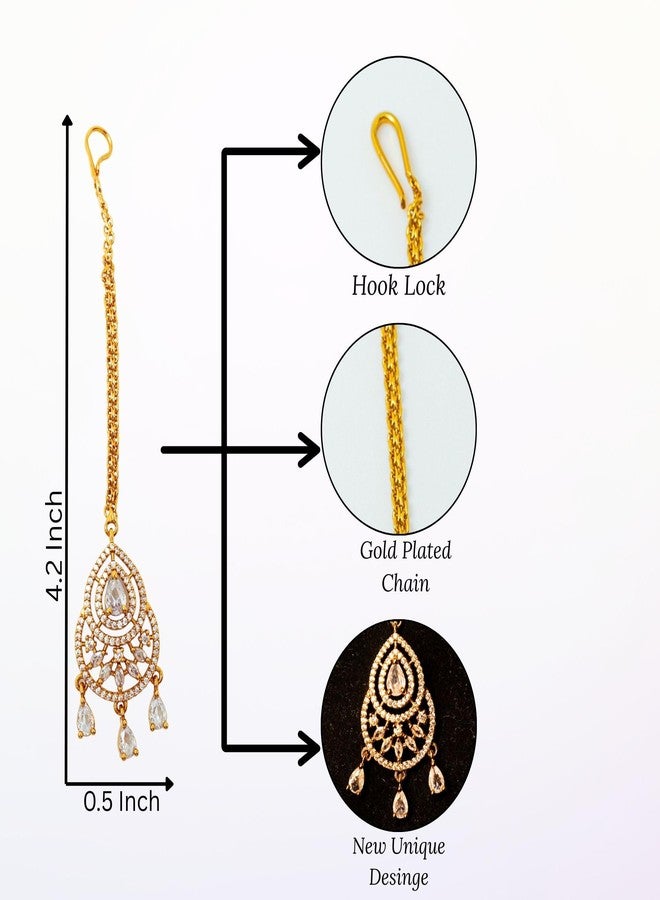ZEELLO Gold Maang Tikka with Cz Stones, Teardrop Design, Bridal Jewelry, Chain with Lobster Clasp - Image 5