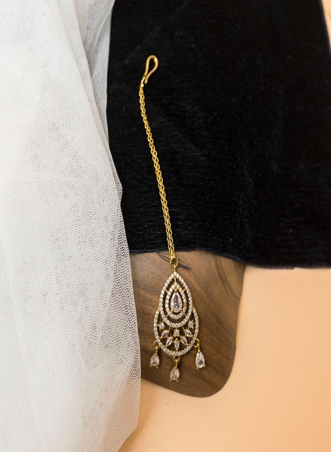 ZEELLO Gold Maang Tikka with Cz Stones, Teardrop Design, Bridal Jewelry, Chain with Lobster Clasp - Image 4