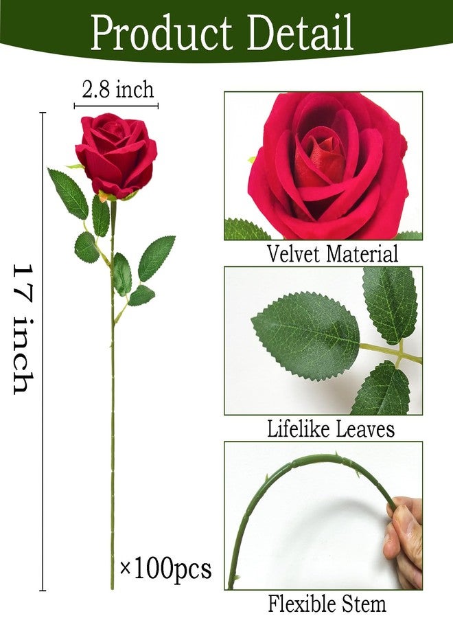 Cherica 100Pcs Red Roses Artificial Flowers with Stems，Fake Roses Bouquet Fake Flowers Bulk，Silk Velvet Roses for Wedding Centerpieces Arrangement Baby Shower Birthday Home Decor Gifts - Image 4