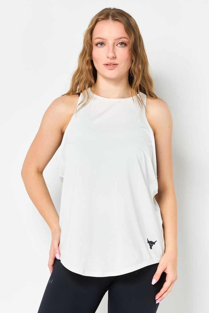 UNDER ARMOUR Women Fitted Sleeveless Project Rock Training Tank Top, White - Image 1