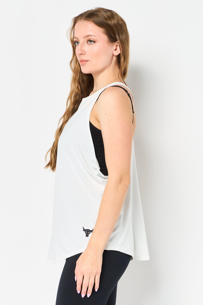 UNDER ARMOUR Women Fitted Sleeveless Project Rock Training Tank Top, White - Image 4