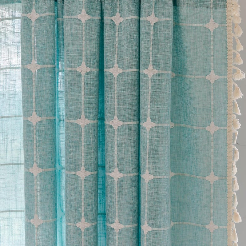 Deeprove Green Boho Curtains 96 Inches Long for Bedroom Nursery Room  Cotton Linen Lattice Plaids Embroidery Semi Blackout Bohemian Window Treatment Grids Drape Tassels  1 Panel W52 x L96  Aqua - Image 3