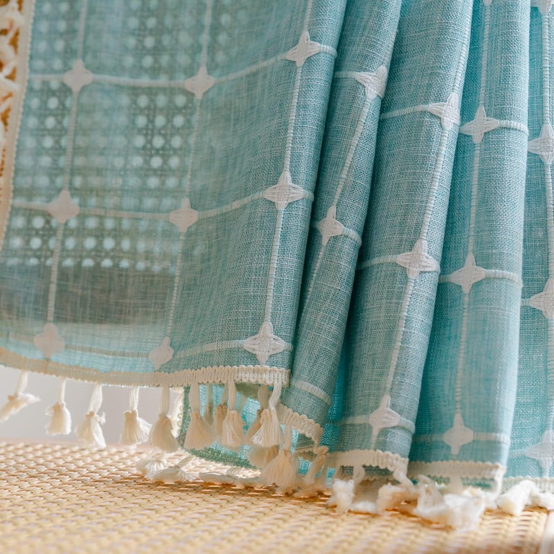 Deeprove Green Boho Curtains 96 Inches Long for Bedroom Nursery Room  Cotton Linen Lattice Plaids Embroidery Semi Blackout Bohemian Window Treatment Grids Drape Tassels  1 Panel W52 x L96  Aqua - Image 5