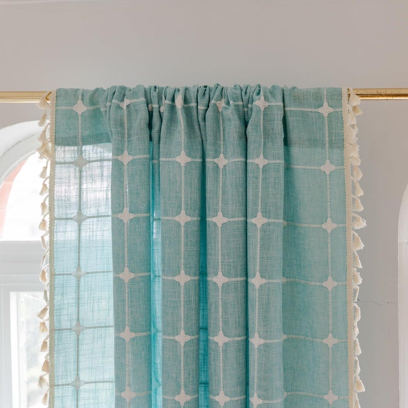 Deeprove Green Boho Curtains 96 Inches Long for Bedroom Nursery Room  Cotton Linen Lattice Plaids Embroidery Semi Blackout Bohemian Window Treatment Grids Drape Tassels  1 Panel W52 x L96  Aqua - Image 1