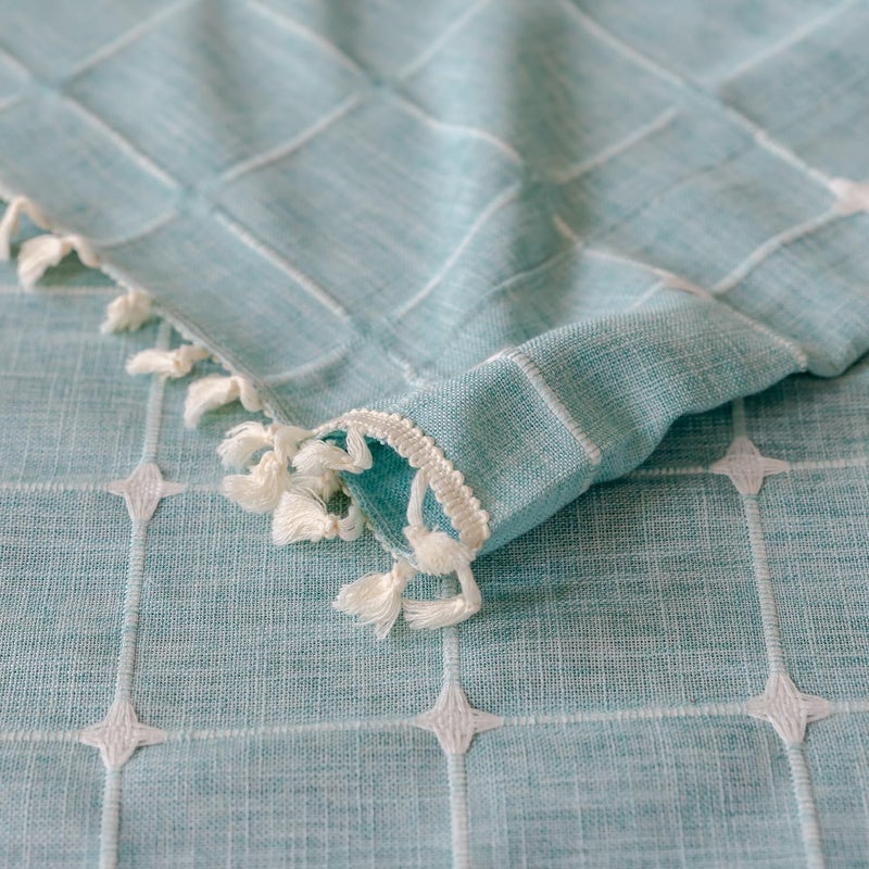 Deeprove Green Boho Curtains 96 Inches Long for Bedroom Nursery Room  Cotton Linen Lattice Plaids Embroidery Semi Blackout Bohemian Window Treatment Grids Drape Tassels  1 Panel W52 x L96  Aqua - Image 4