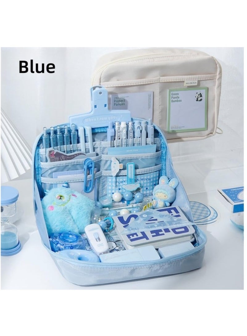 SOLARAE Kawaii Cute Aesthetic Pencil Case, Large Capacity Canvas Pen Pouch Bag, Blue - Image 3