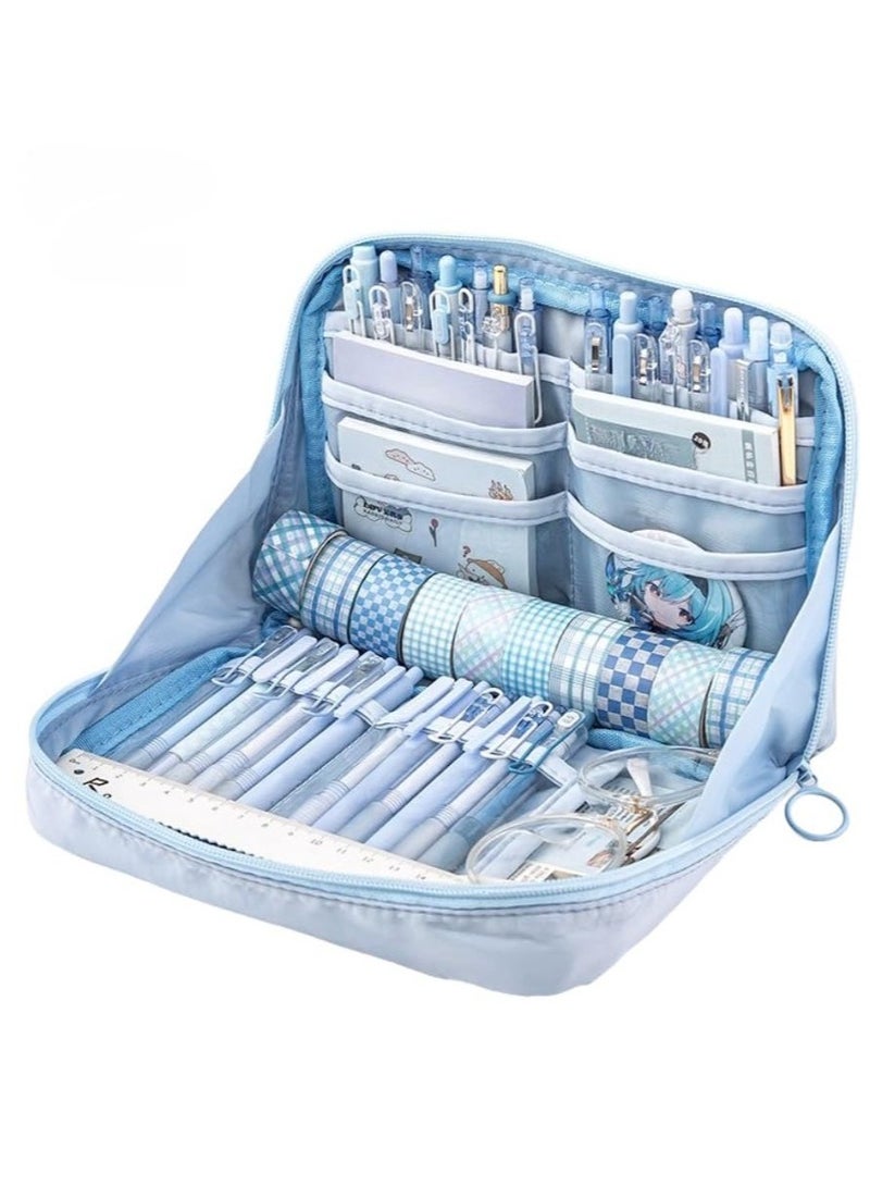 SOLARAE Kawaii Cute Aesthetic Pencil Case, Large Capacity Canvas Pen Pouch Bag, Blue - Image 1