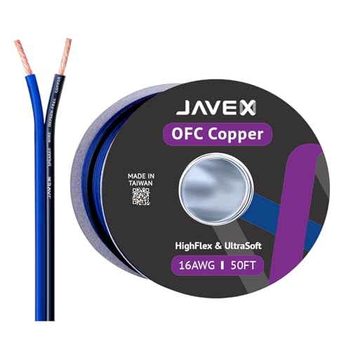 JAVEX 16-Gauge AWG Audio Speaker Wire Cable (50 FT), [OFC Oxygen-Free Copper] Thin Flat Cable for Automotive Car Stereo Audio, HI-FI Stereo, Home Theater, Blue/Black - Image 1
