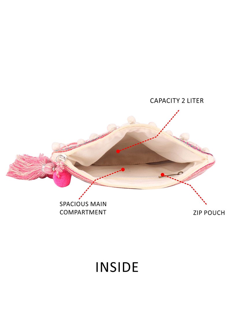 ASTRID Pink Cotton Makeup/Travel Pouch With Tassels, 20 cm,Small - Image 3