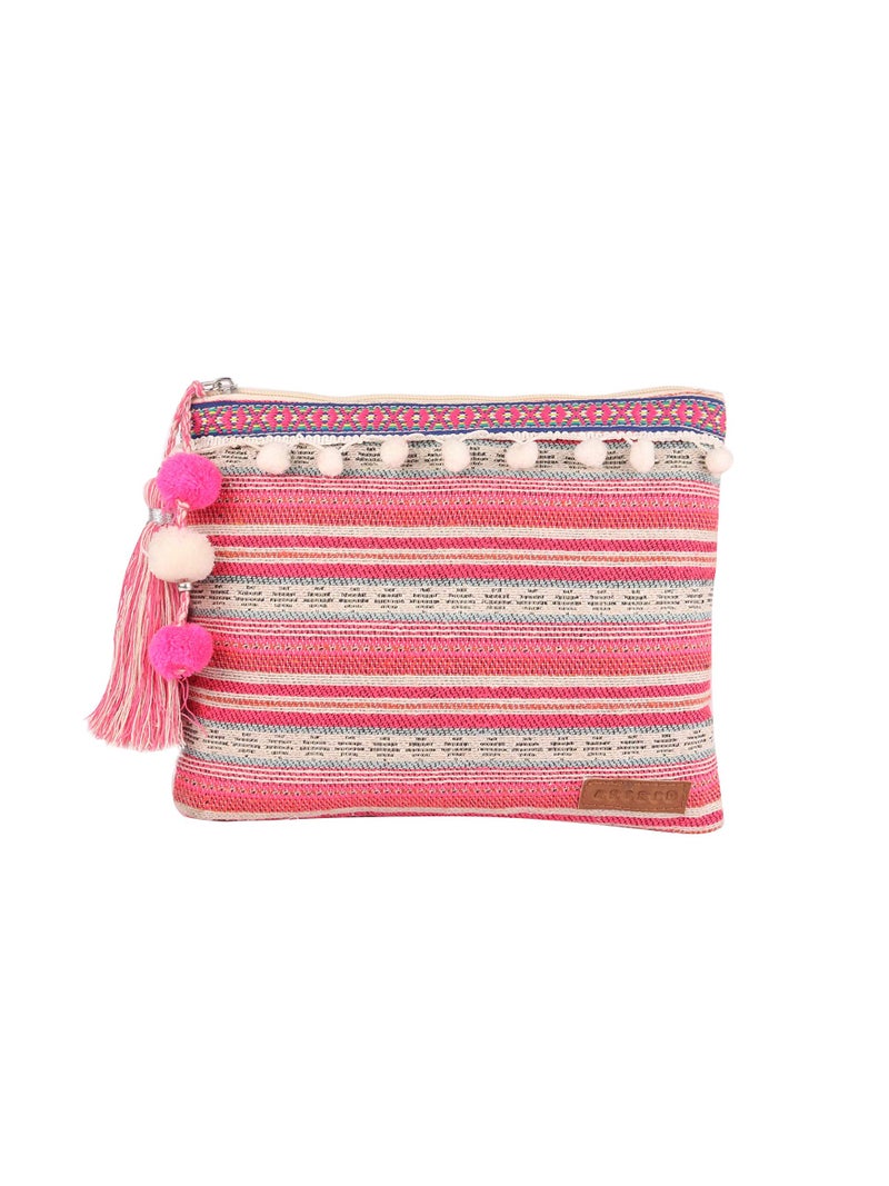 ASTRID Pink Cotton Makeup/Travel Pouch With Tassels, 20 cm,Small - Image 1