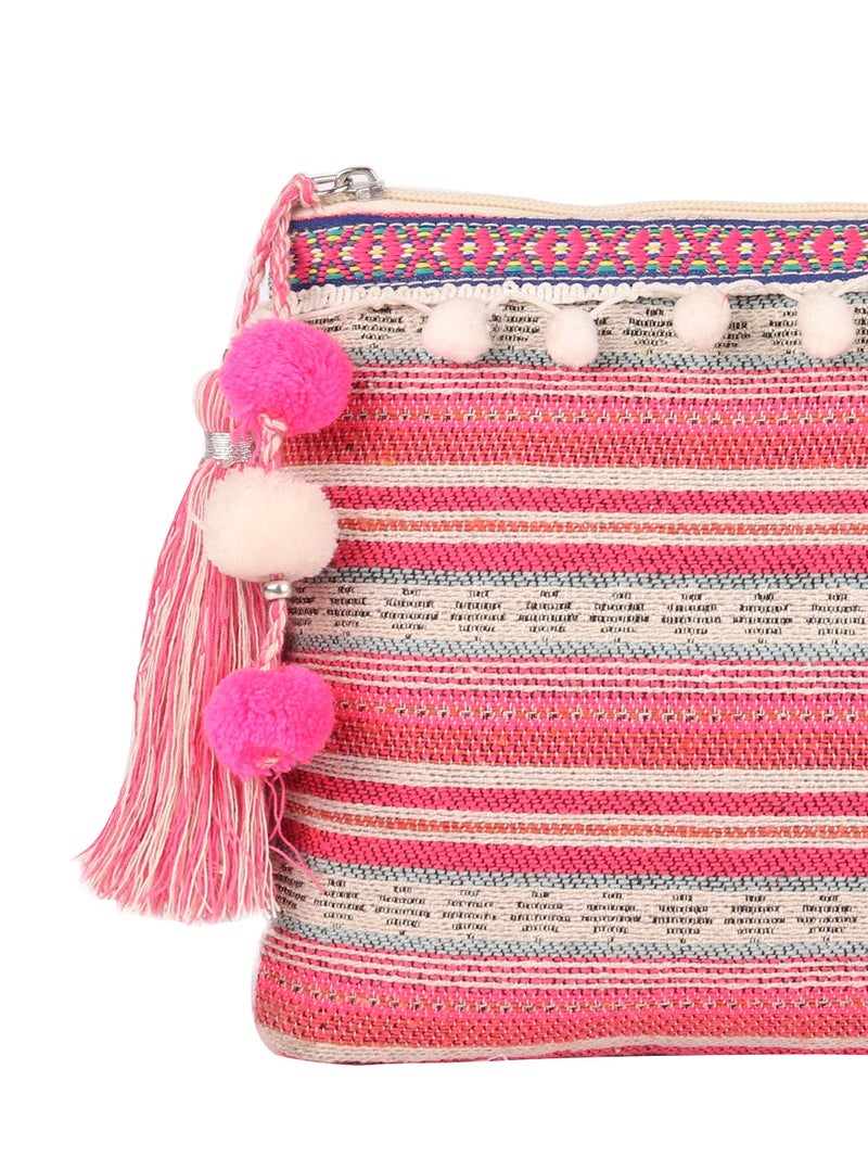 ASTRID Pink Cotton Makeup/Travel Pouch With Tassels, 20 cm,Small - Image 4