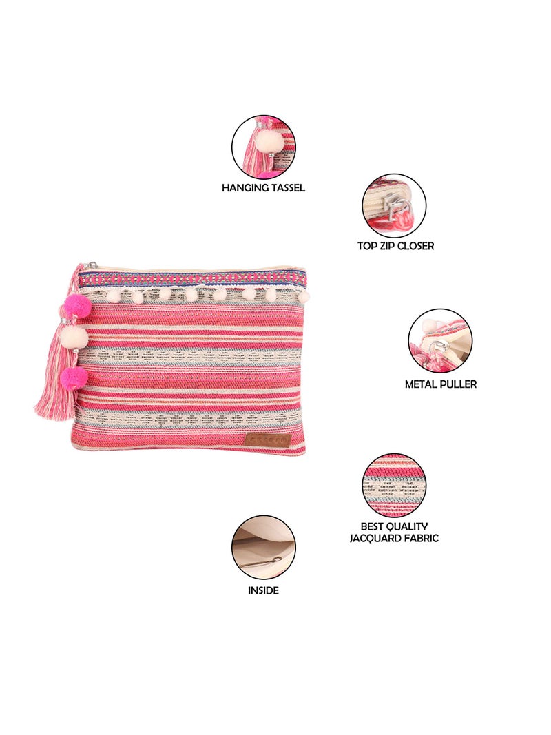 ASTRID Pink Cotton Makeup/Travel Pouch With Tassels, 20 cm,Small - Image 2