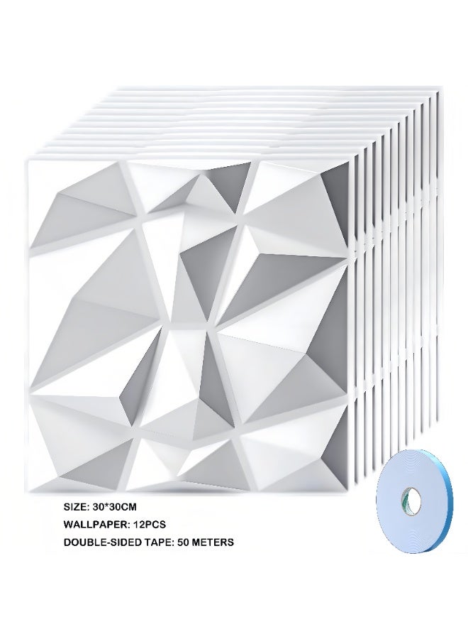 3D Wall Panels,12 Pack Decorative 3D Wall Panels in Diamond Design,30CM/11.8" x 11.8" PVC Waterproof Wall Panel Textured Modern Decor Wall Tiles,for Living Room Bedroom Hotel Office (White) - Image 1