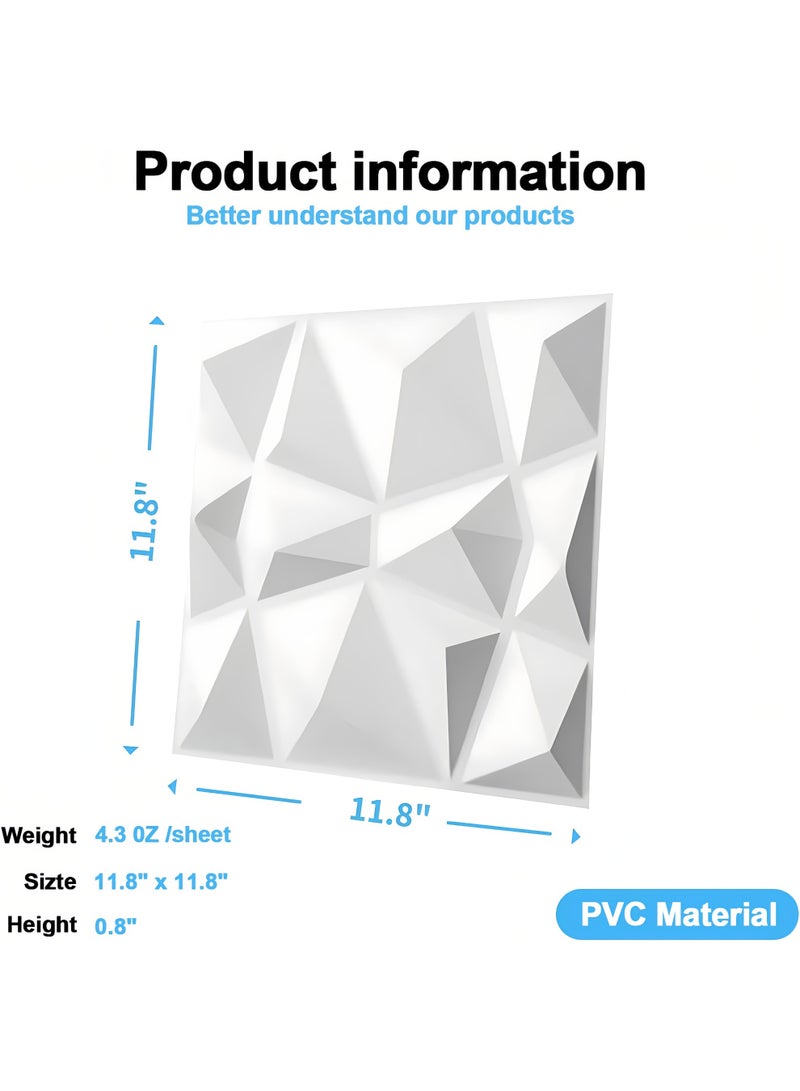 3D Wall Panels,12 Pack Decorative 3D Wall Panels in Diamond Design,30CM/11.8" x 11.8" PVC Waterproof Wall Panel Textured Modern Decor Wall Tiles,for Living Room Bedroom Hotel Office (White) - Image 3