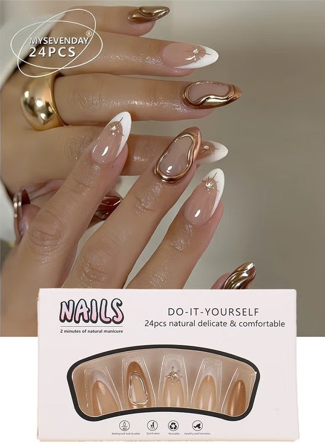 Happy D Elegant French Gold & White Tip False Nail Set – 24 Pieces - Image 1