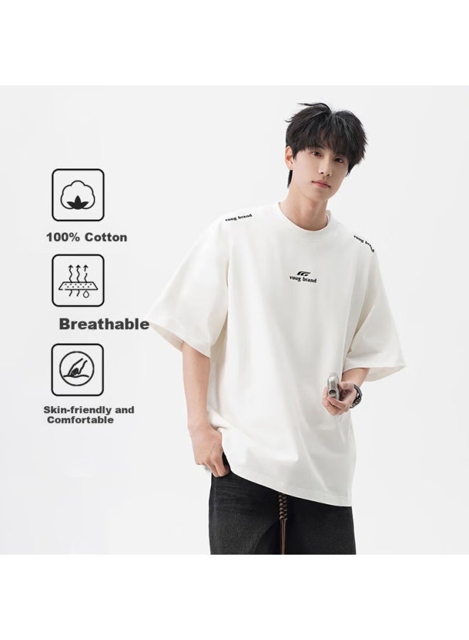 Vuug Summer Pure Cotton New American-style Heavyweight Breathable Short-sleeve T-shirt For Men, White, 3XL - Image 1