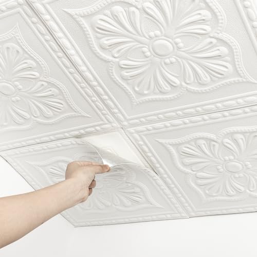 Dureidos Ceiling Tiles, Ceiling Tiles Peel and Stick Foam, 16 Pcs, Covered 21 Sq.Ft, 3D Wall Panels Peel and Stick, Easy to Install and Cut for Ceiling and Interior Wall Decor, Plain White（13.8 x 13.8 inch） - Image 1