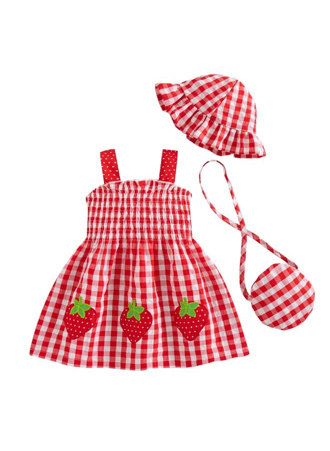 Renotemy Baby Girl Dress Toddler Girl Clothes Summer Outfits Gifts Casual Sundress Infant Dresses for Girls with Hat and Bag, Red Strawberry, 12-18 Months - Image 1
