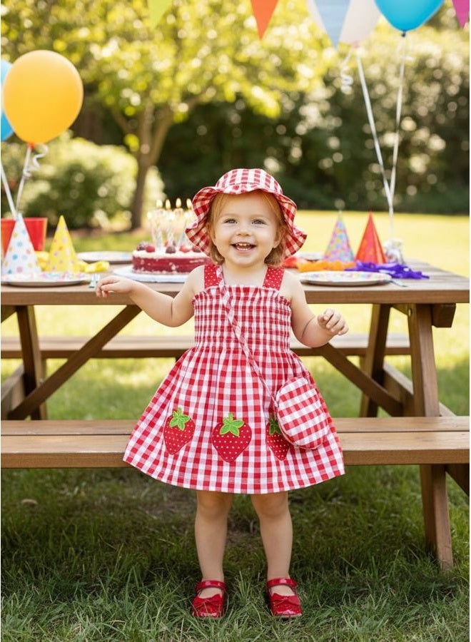 Renotemy Baby Girl Dress Toddler Girl Clothes Summer Outfits Gifts Casual Sundress Infant Dresses for Girls with Hat and Bag, Red Strawberry, 12-18 Months - Image 2